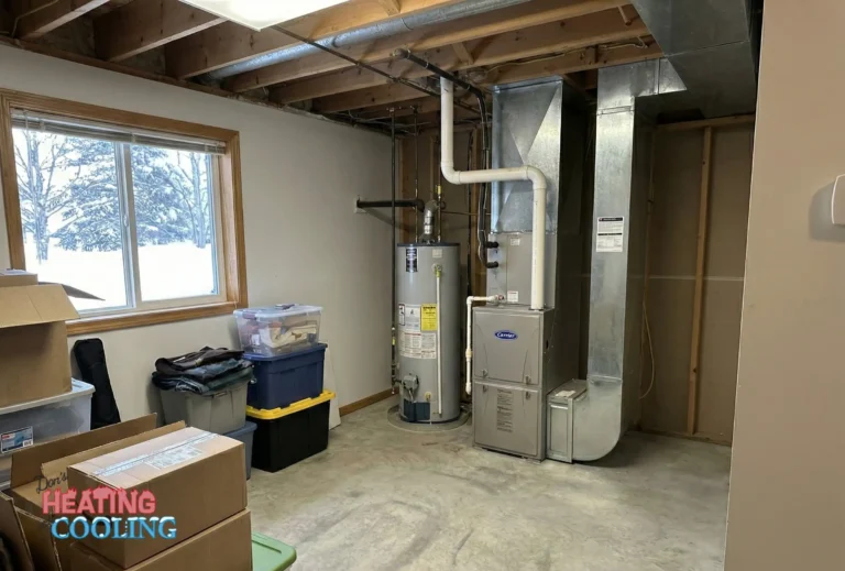 Basement gas furnace and water heater setup in an Ontario home during winter