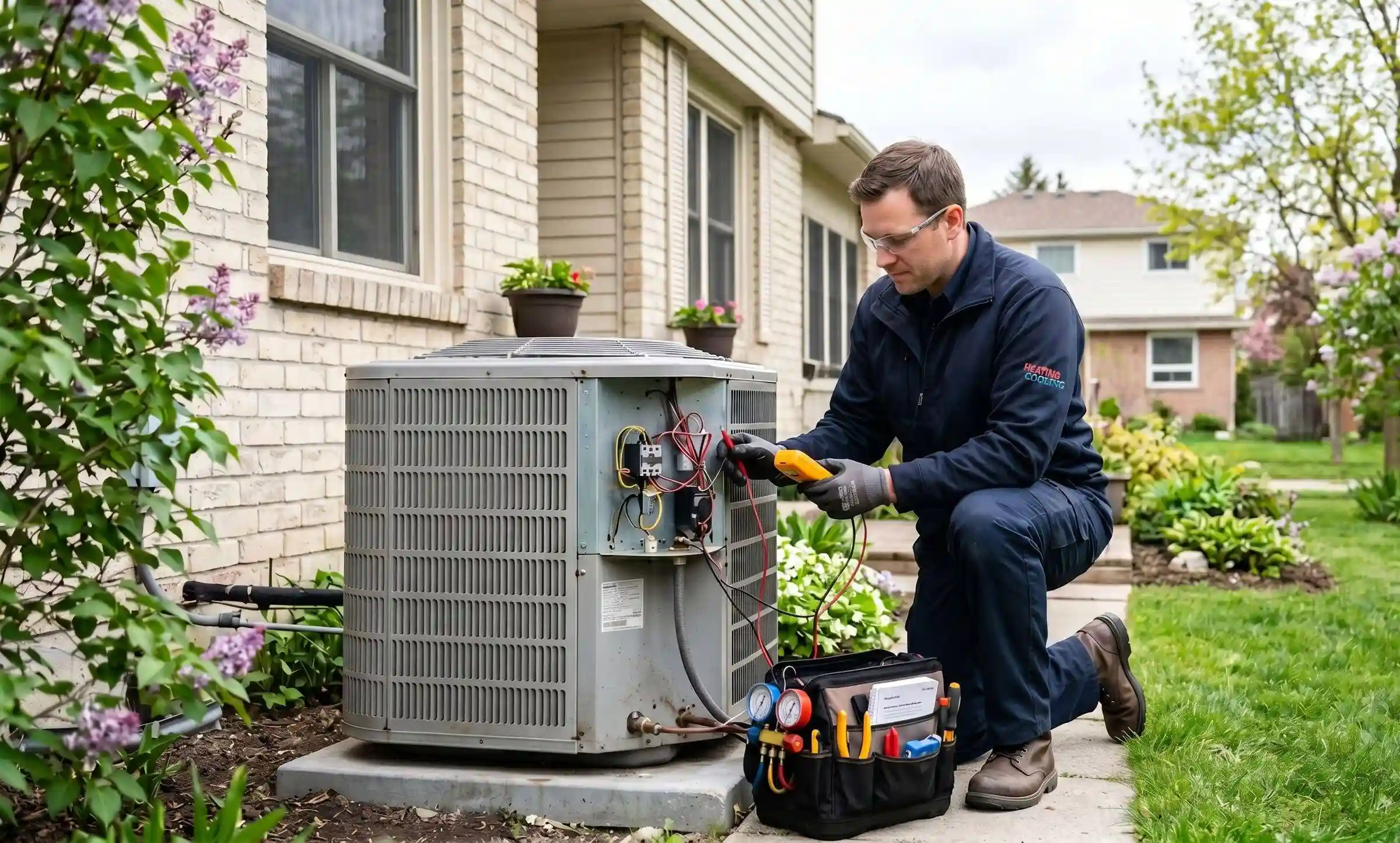 HVAC technician checking an outdoor AC unit before the first summer heat wave