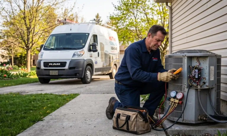 HVAC technician servicing an outdoor air conditioner in spring before summer heat