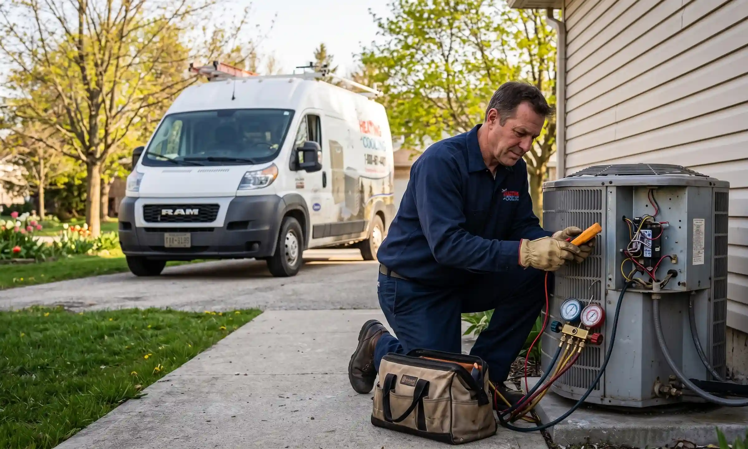 HVAC technician servicing an outdoor air conditioner in spring before summer heat