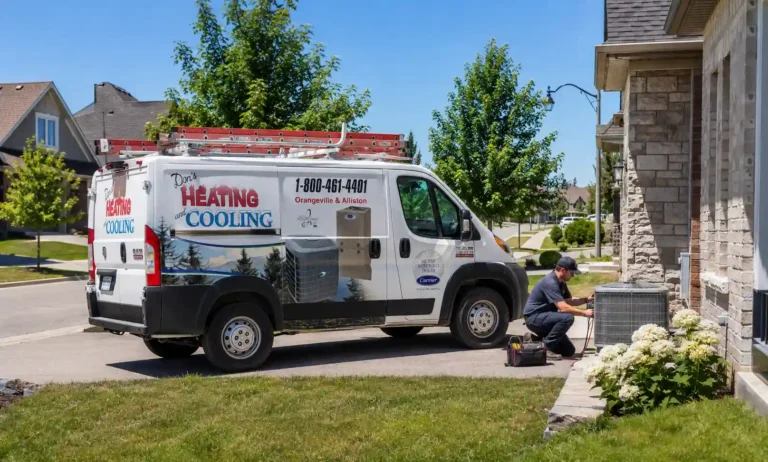 Don’s Heating & Cooling technician servicing an outdoor air conditioner at a home in Ontario during a summer heat wave