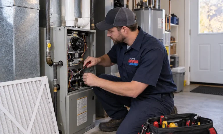 Don’s Heating & Cooling technician performing a furnace tune-up in an Ontario home